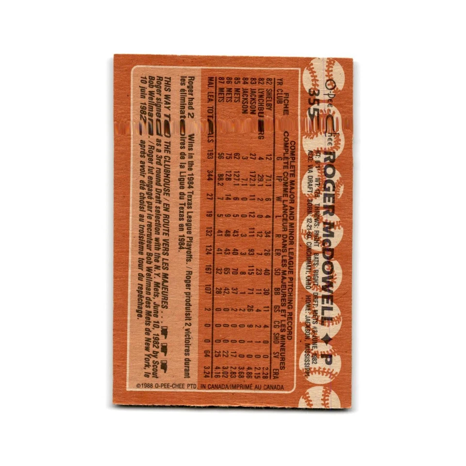 Roger McDowell 1988 O-Pee-Chee #355 New York Mets Baseball Card NM - Image 2 of 3