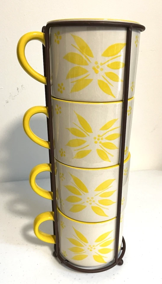 Temp-tations Old World Yellow 4 Coffee/Tea Mugs w/Wire Rack, Oven Safe, Retired - Image 3 of 4