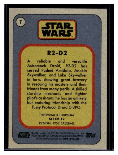 2023 Topps Star Wars Throwback Thursday #7 R2-D2 Card (Qty) - Picture 2 of 2