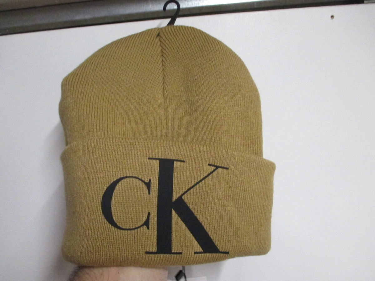 CALVIN KLEIN MENS WINTER CUFF BEANIE HAT BEIGE COLOR RAISED