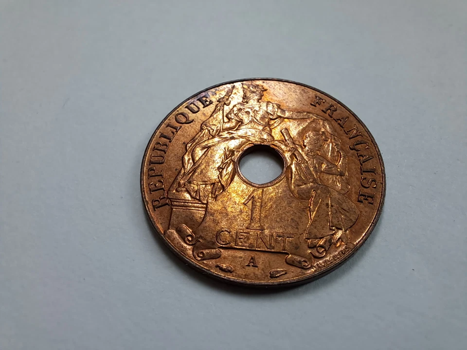 1939 FRENCH INDO CHINA 1 Cent MS  Red COIN WITH UNIQUE COLOR TONING 百分之一 - Image 2 of 4