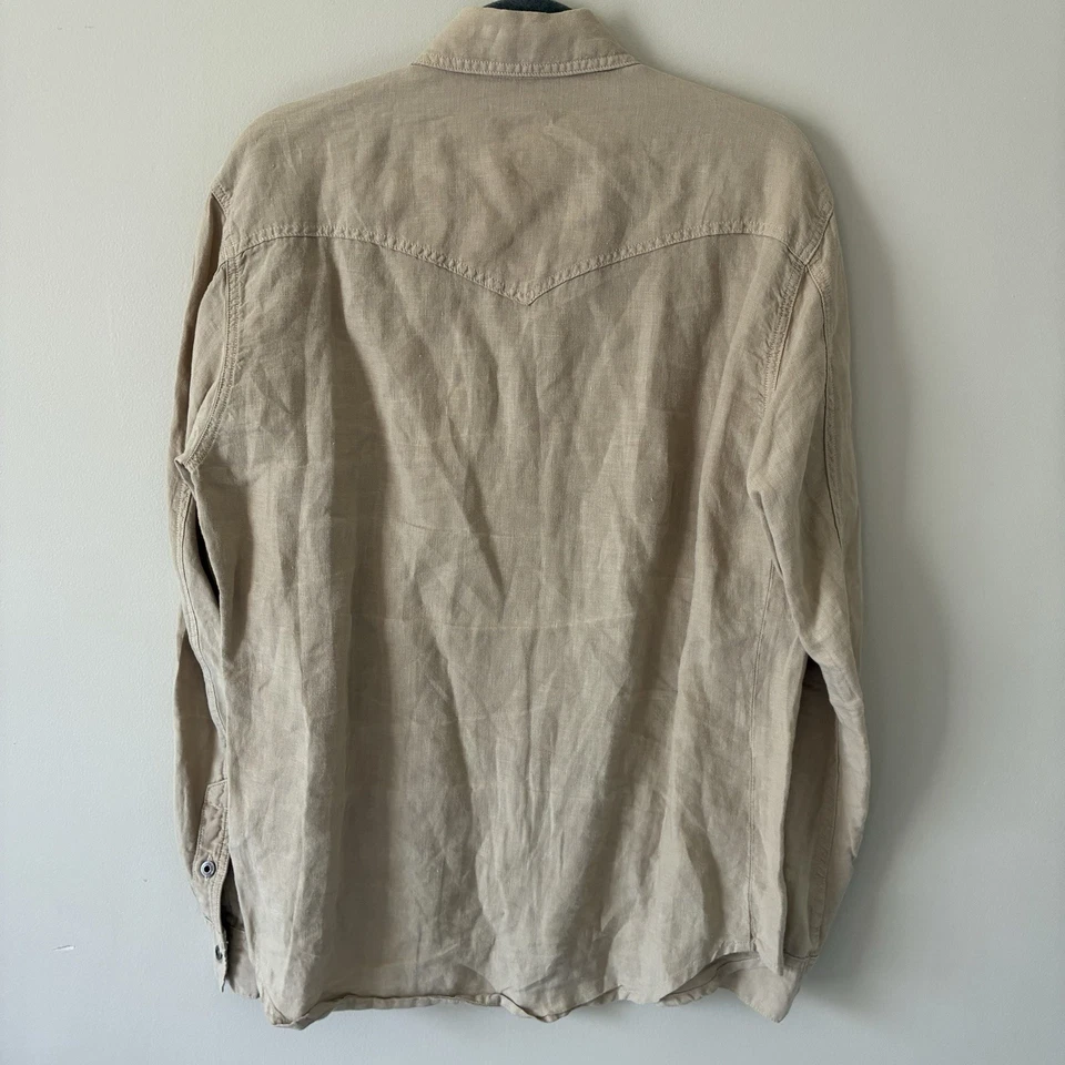 AG Adriano Goldschmied 100% Linen Men Medium Utility Shirt Long Sleeve Tan USA - Image 2 of 4