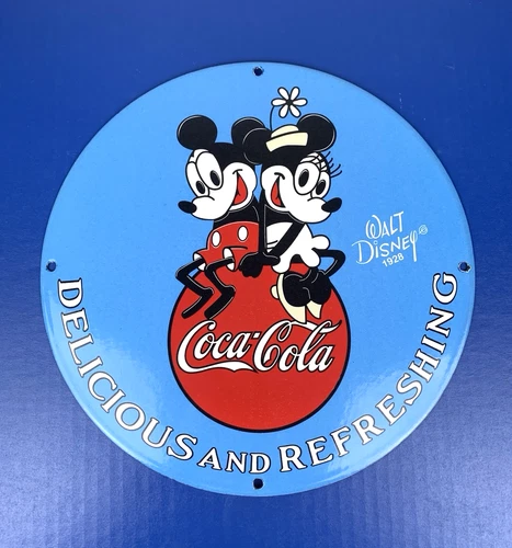 VINTAGE 12" COCA-COLA MICKEY & MINNIE MOUSE COKE SODA POP OIL PORCELAIN GAS SIGN