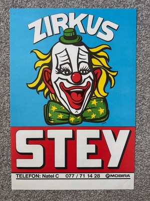 Vintage 1980s 'Zirkus Stey' original Swiss circus poster (clown)