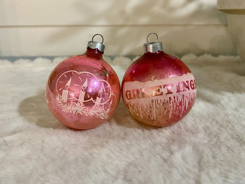 LOT OF 2 Vtg MADE IN USA Pink Stenciled Ornaments Greetings/Candles FRANKE?