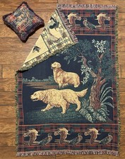 Vintage Golden Retriever Woven Throw Blanket Tapestry Pheasant Ducks Pillow