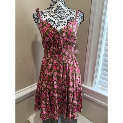 Crystal Doll Brown Pink Floral Smocked Mini Dress Linen Blend EGE20881DG Mens M