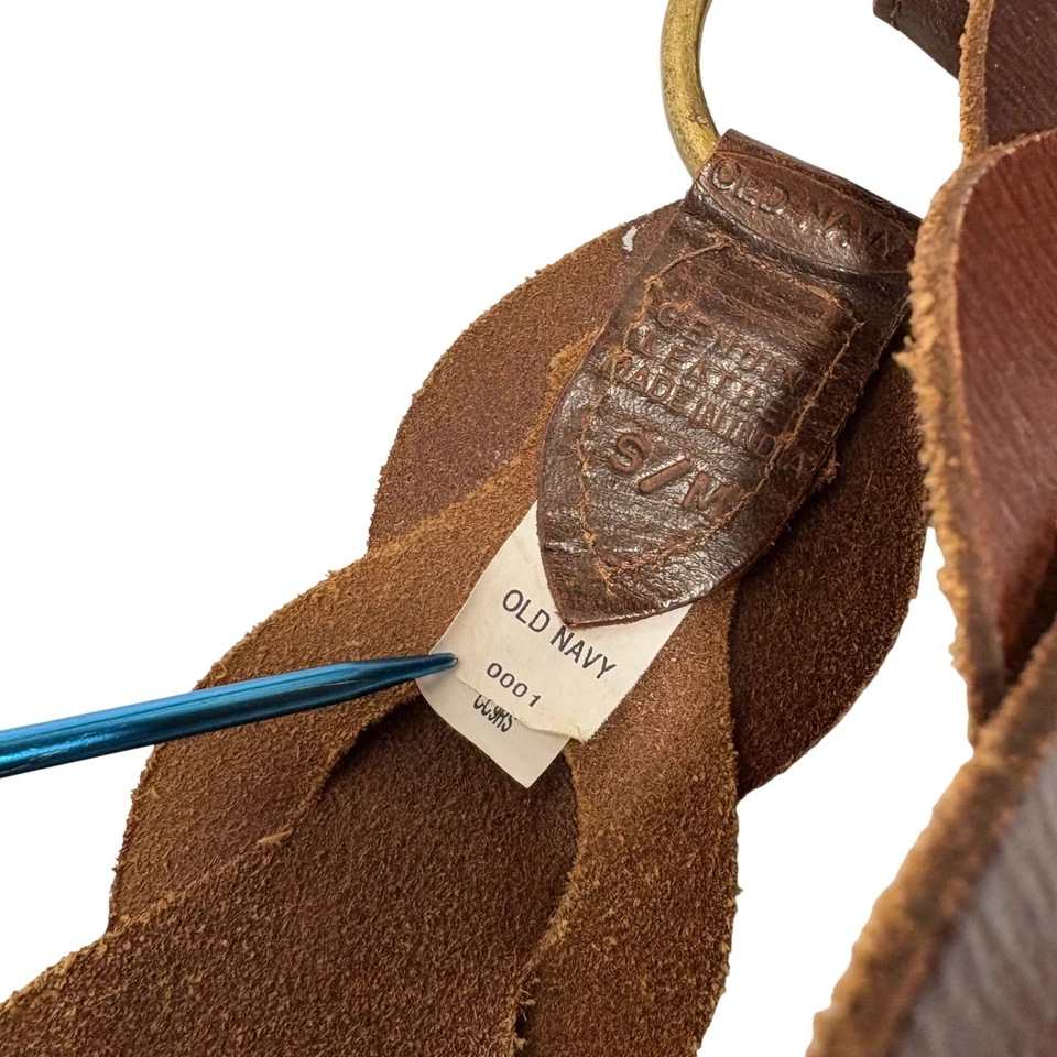 Old Navy Womens Size S/M Brown Leather Braided Wavy Wide Belt Gold Ring - Image 4 of 4