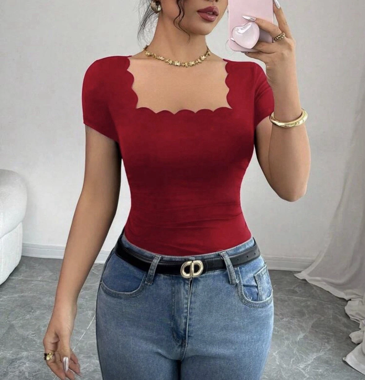 Shein Versatile Wave Hem Square Neck Short Sleeve Side Shirred Women T-Shirt 6/M