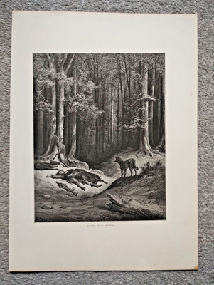 Der Wolf und der Jäger, Gustave Dore - antiker Druck - 1868