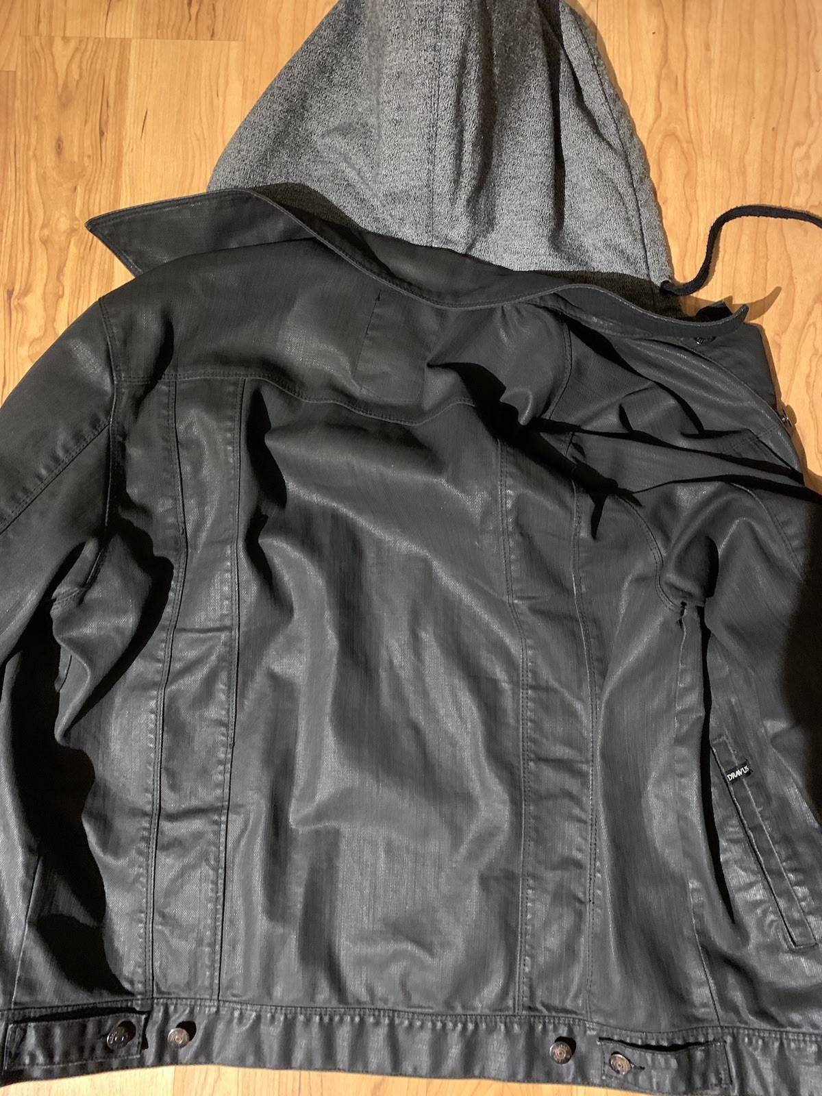 DRAVUS Drawstring Tie Button Black Denim Hooded J… - image 7