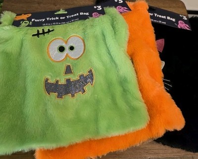 3 Halloween Trick Or Treat Bag Emoji Face Furry Candy Sack Pumpkin,Monster,Cat 