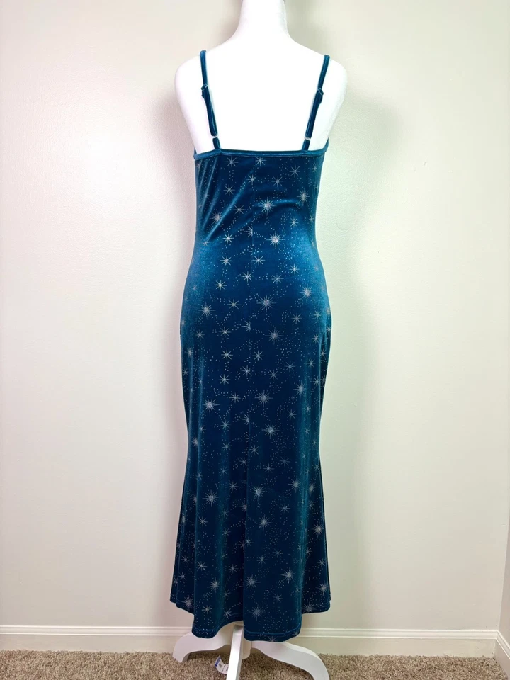 Cider Velvet Cowl Neck Star Pattern Mermaid Maxi Dress Blue Women's S Y2K Whimsy - Image 2 of 4