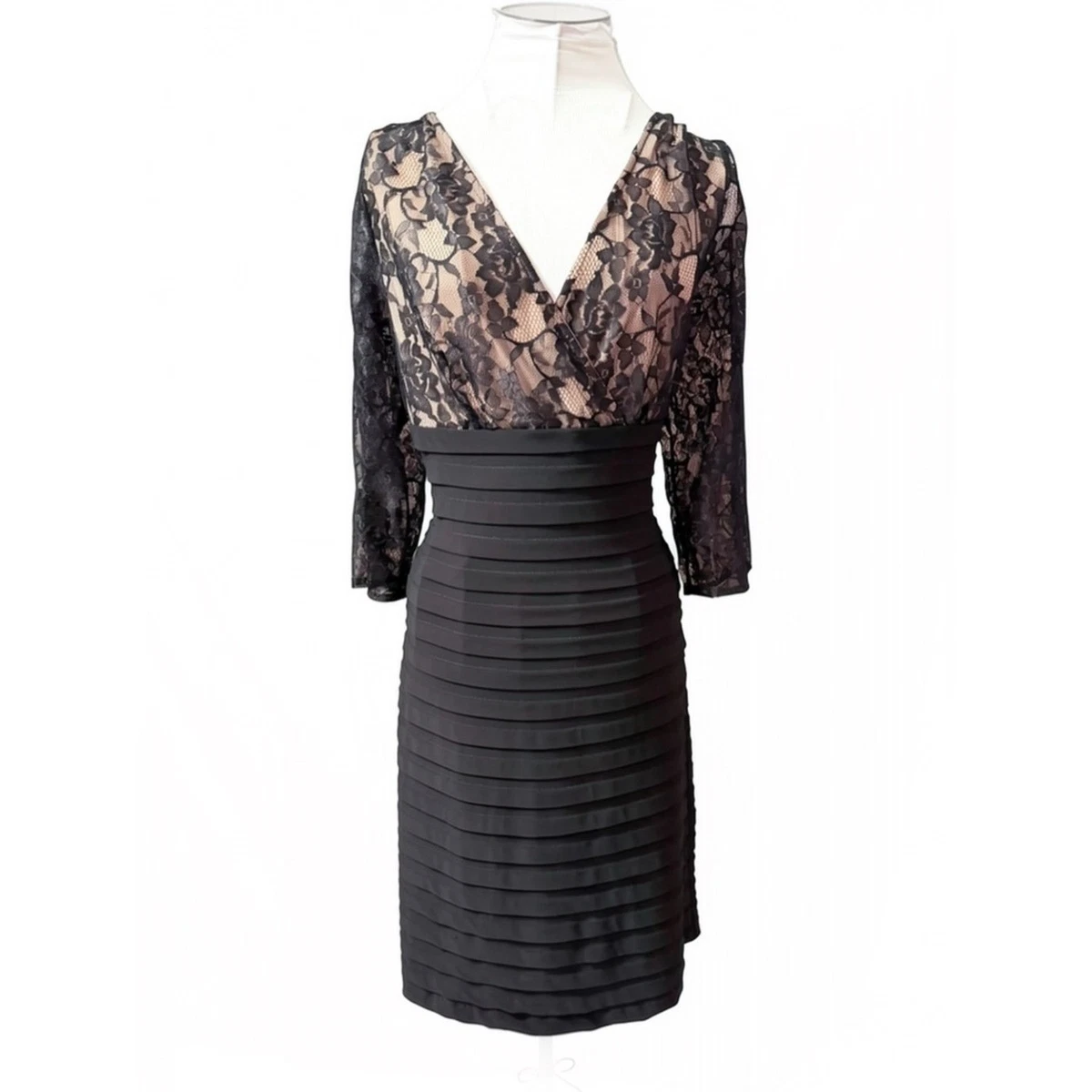 Vestido Adrianna Papell Negro Encaje Obturador Plisado 14 Hoco Nuevo Sin Etiquetas