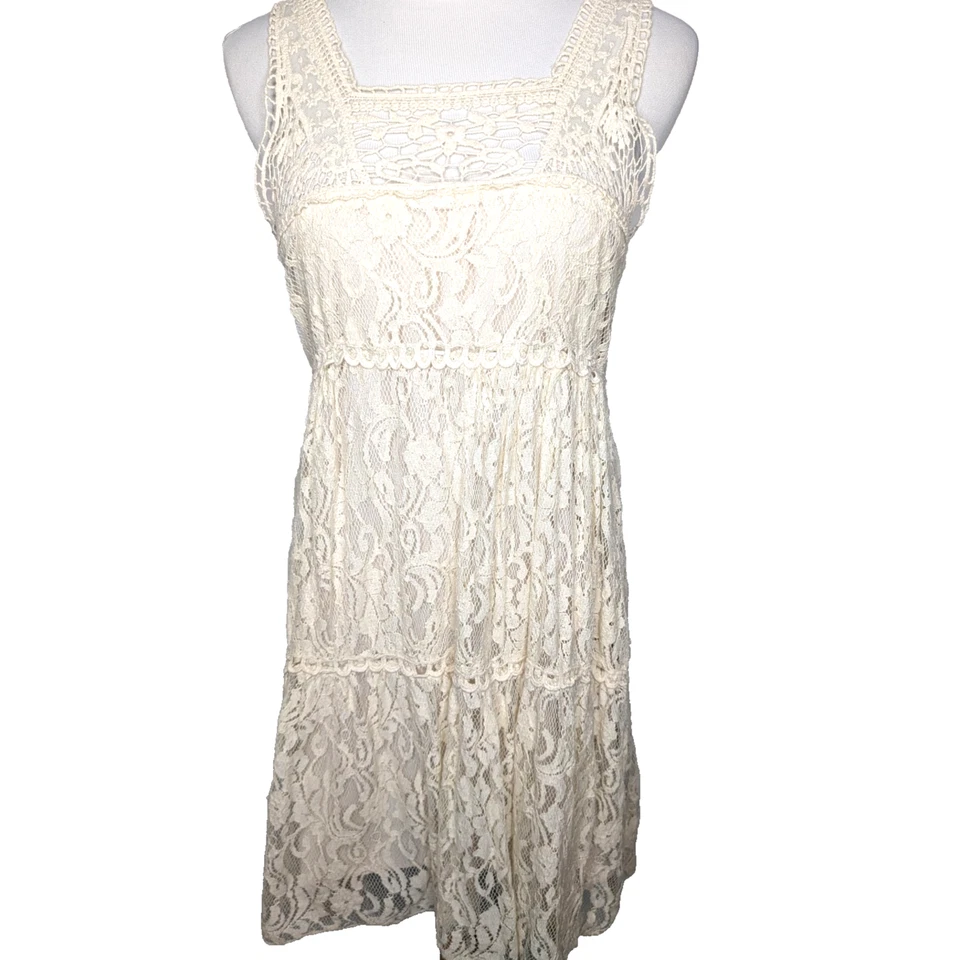 Vestido De Colección Y2K Marfil Crochet Encaje Boho Hadas Cabaña Cuello Cuadrado Cintura Imperio MD Foto 4 de 4