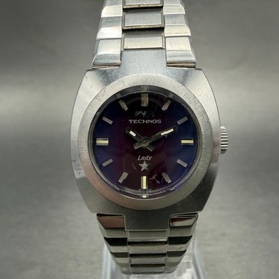 Technos Watch Women 23mm Blue Dial Steel Round Manual Wind Runs Vintage