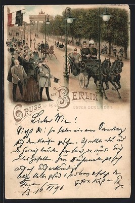 Lithographie Berlin, Strasse Unter den Linden mit Brandenburger Tor 1896 
