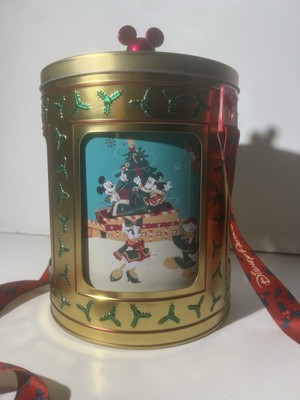 Disneyland Happy Holidays Mickey Gold Musical Rotating Tin Popcorn Bucket NEW
