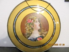 VTG Chimney Flue Cover Victorian Style Girl Garden Glass Chain Border 10.5"