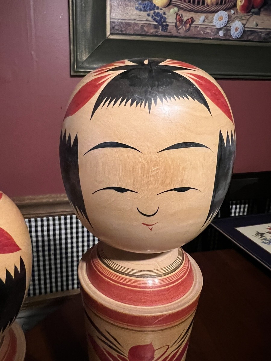 Large 15”&12”Kokeshi Japanese Wooden Dolls Vintage Wood