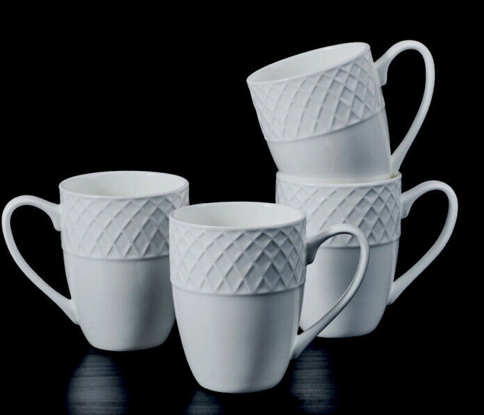 New Mikasa Trellis Set of 4 FOUR Cups Mugs Bone China White 14 oz MIKASA