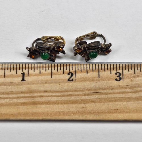 Set orecchini spilla miracolosa e clip pietre verdi strass marroni vintage MCM - Foto 12 di 13