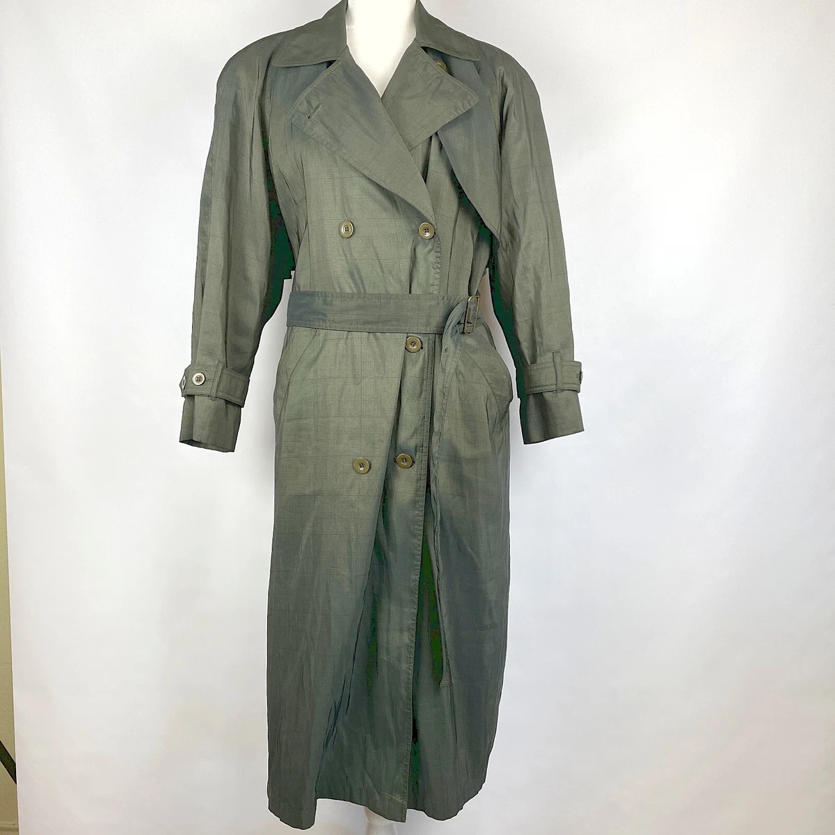 VTG London Fog Women s 10 Petite Belted Lined Plaid Pattern Green Trench Coat