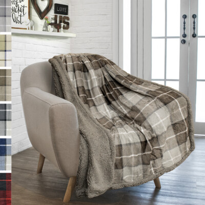 Plaid Sherpa Throw Blanket Fleece Checkered Soft Plush Warm Couch Bed Blanket