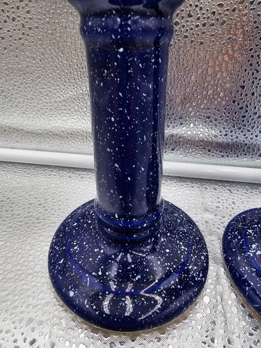 Blau gesprenkelte Keramik Paar Kerzenständer - Bild 2 von 3