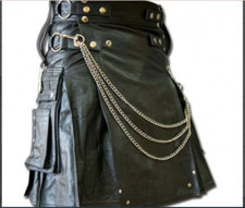Men Pure Black Leather Kilt Utility Traditional Kilt Halloween Costume LARP