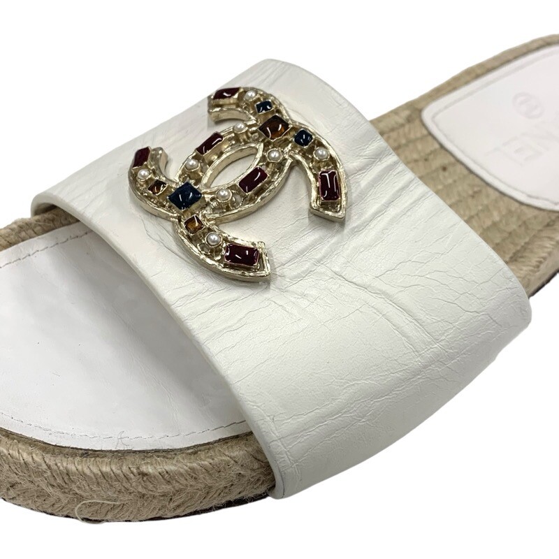 CHANEL Sandals Shoes Leather White Gold Coco Mark