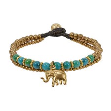 Mighty Brass Elephant w/ Green Malachite  Brass Beads Jingle Bell Bracelet
