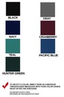 Black, navy, teal, and semi-custom 6.25oz boat cover with small red box labeled “Hunter Green” beside white text.