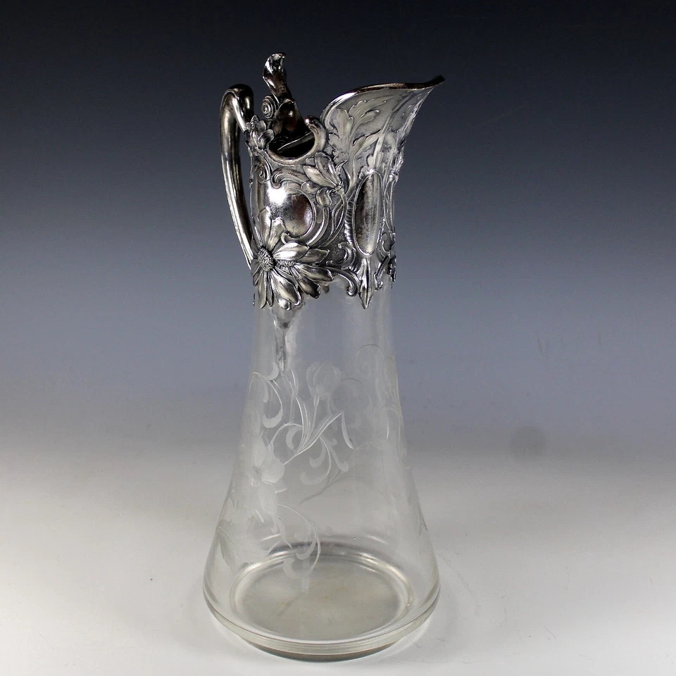 Antigua jarra de plata y vidrio grabado de principios del siglo XX Foto 4 de 4