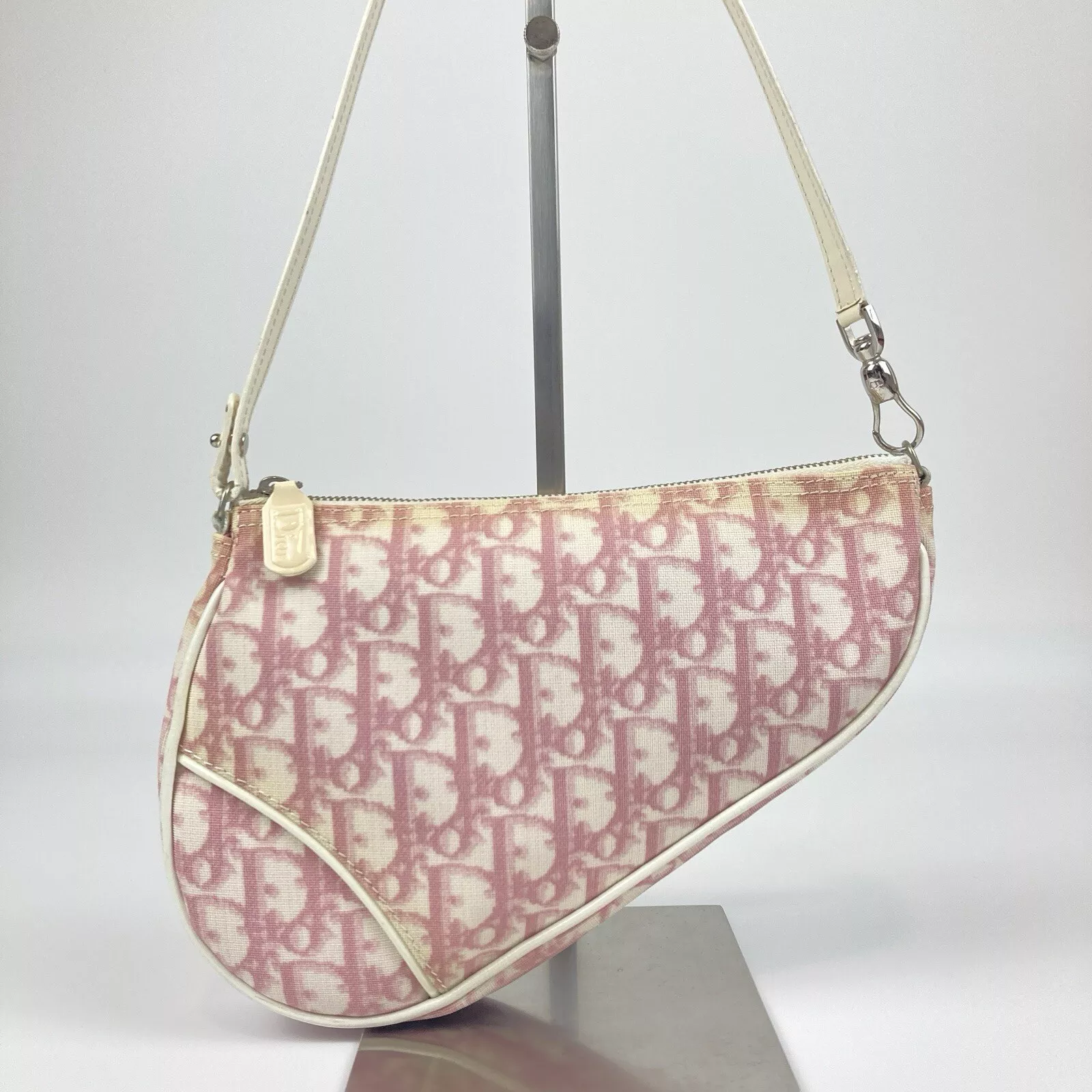 Authentique sacoche de selle trotteur Christian Dior 2004 accessoire toile rose j93