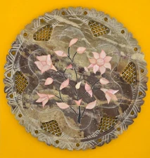 Marble plate with inlay, 8" diameter, Pink inlaid stones
