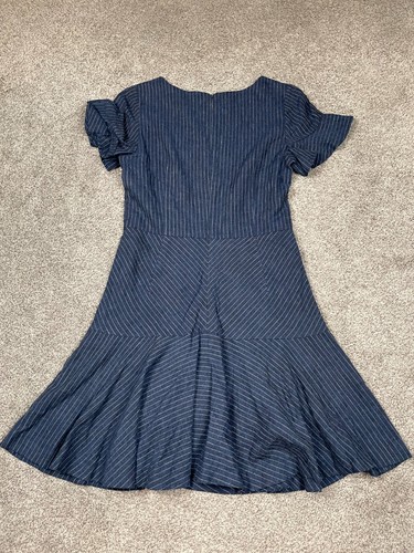 Banana Republic Dress Womens 8 Drop Waist Pinstripe Linen Ruffle Dark Academia - Picture 2 of 9