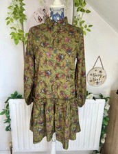 QED London Size 8 Boho Button Down Khaki Floral Print Smock Dress