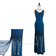 Vintage Prom Dress Maxi Gown 8 Blue Silk Fairy Goth Gatsby Flapper Bead Floral