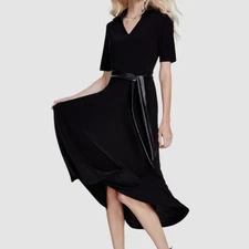 MSK Women's Black V-Neck Faux-Leather-Trim Tie-Waist Midi A-Line Dress Size L