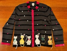 Berek Sweater Ugly Christmas Cat Black Cardigan Novelty Crazy Sequins
