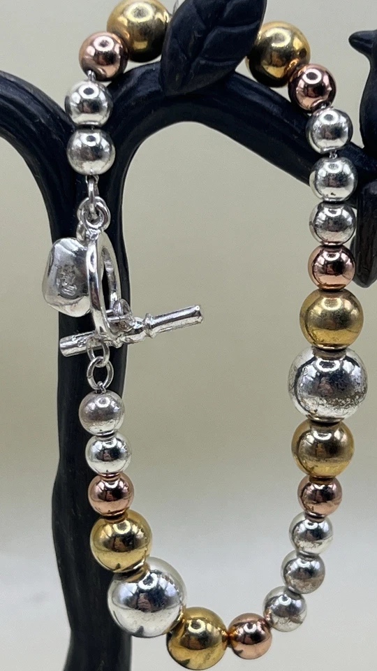 Brazalete De Colección Ralph Lauren Tri-Tono Cuentas Plata Oro Rosa Tono Palanca Cierre Foto 3 de 4