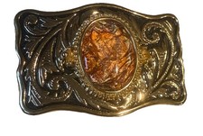 Vintage Western Belt Buckle Gold Tone Filigree Ornate Amber Faux Stone Large