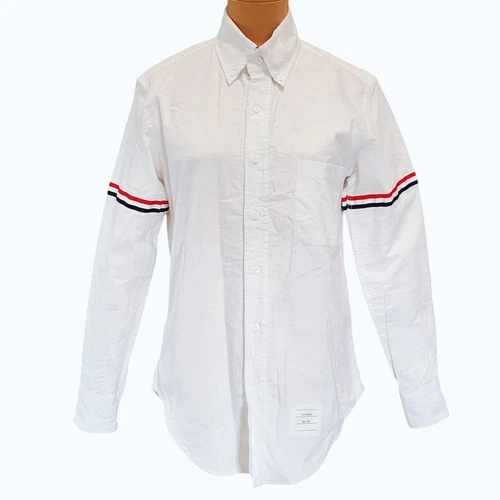 THOM BROWNE Camicia abito Thom marrone manica lunga a righe bianca taglia small made in USA