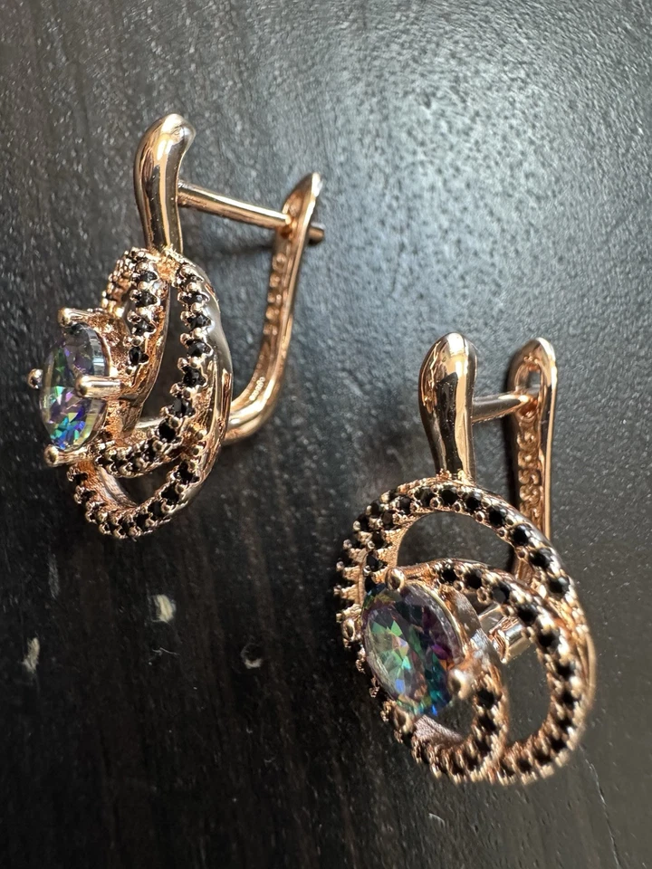 585 14K RG Stamped Whirlwind Black Gemstone Rainbow Stud Earrings - Image 2 of 4