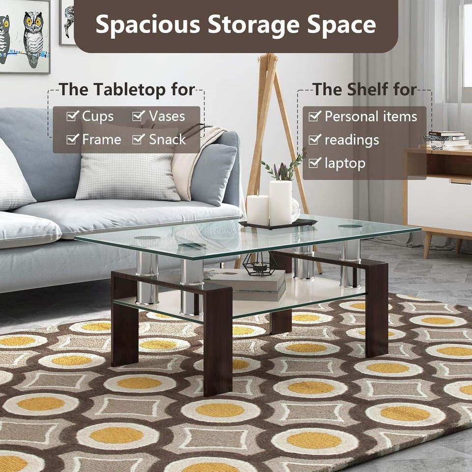 Tangkula Rectangular Glass Coffee Table, Modern Side Coffee Table W