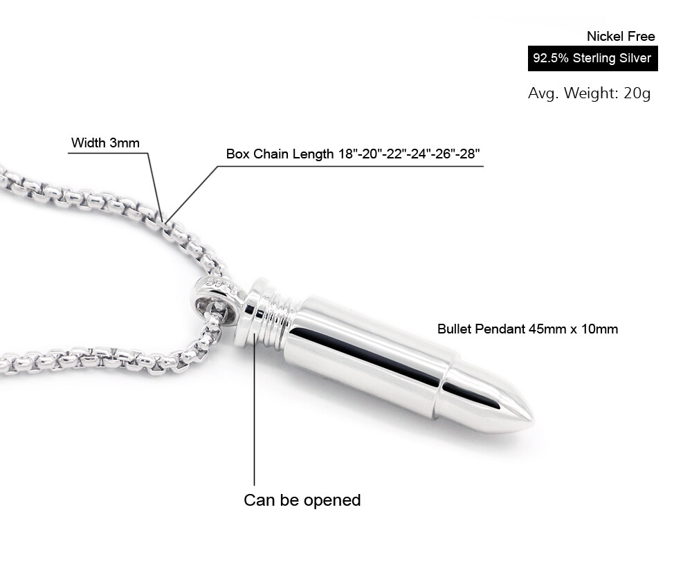 Solid 925 Sterling Silver Bullet Pendant Box Chain Design Necklace for Men  Women