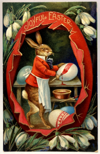 Joyeuses Pâques, peinture anthropomorphe lapin œufs de Pâques, carte postale vintage - Photo 1 sur 2