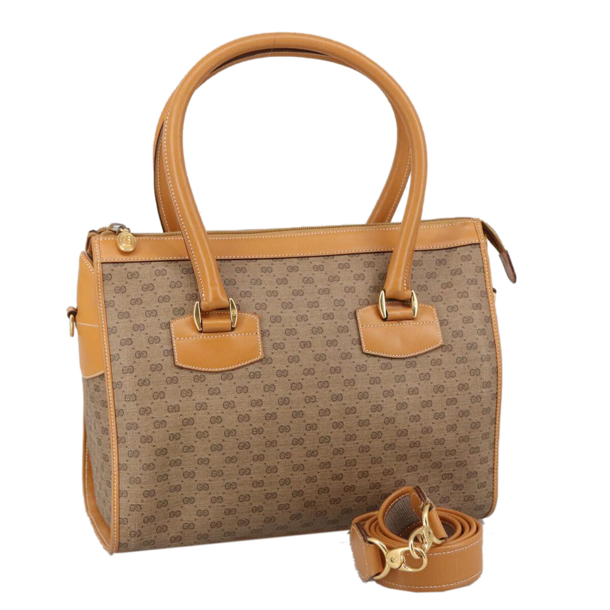 GUCCI Micro GG Supreme Hand Bag PVC Leather 2way Beige Gold Auth 
