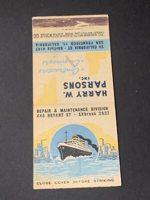 Vintage California Matchbook  Harry Parson s Inc  San Francisco   Boat